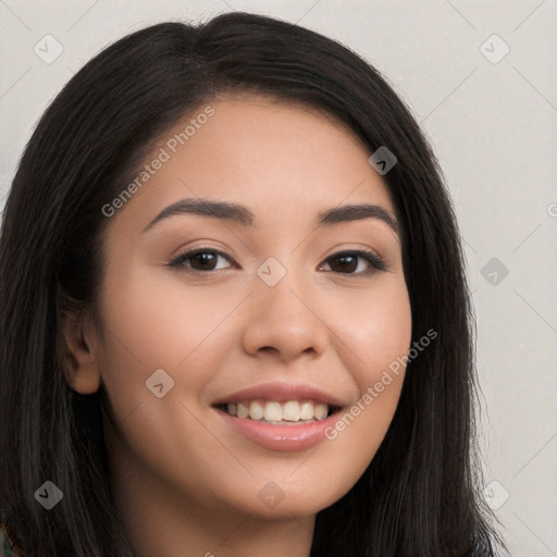 Joyful white young-adult female with long  black hair and brown eyes