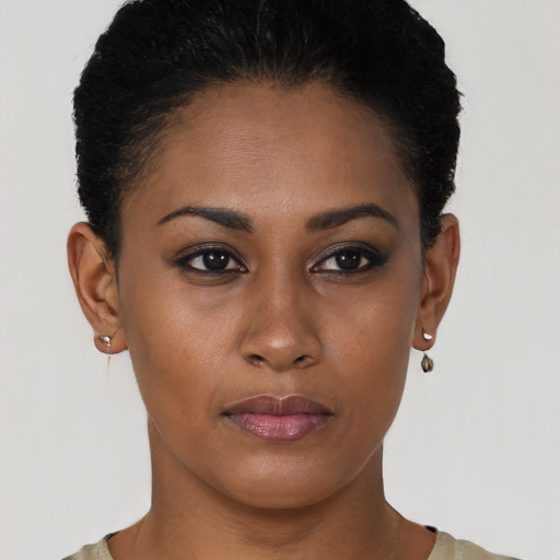 Neutral black young-adult female with short  brown hair and brown eyes