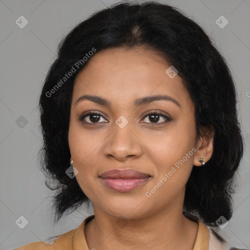 Joyful latino young-adult female with medium  black hair and brown eyes