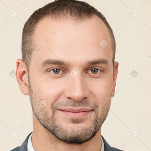 Joyful white young-adult male with short  brown hair and brown eyes