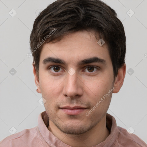 Neutral white young-adult male with short  brown hair and brown eyes