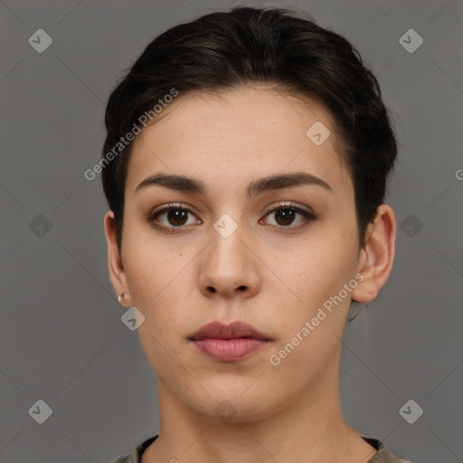 Neutral white young-adult female with short  brown hair and brown eyes