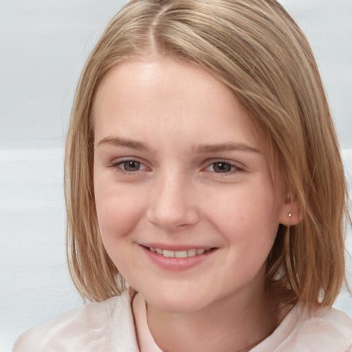 Joyful white child female with medium  brown hair and brown eyes