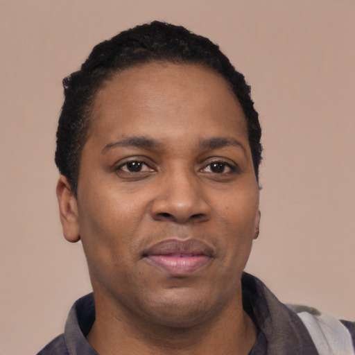 Joyful latino adult male with short  black hair and brown eyes