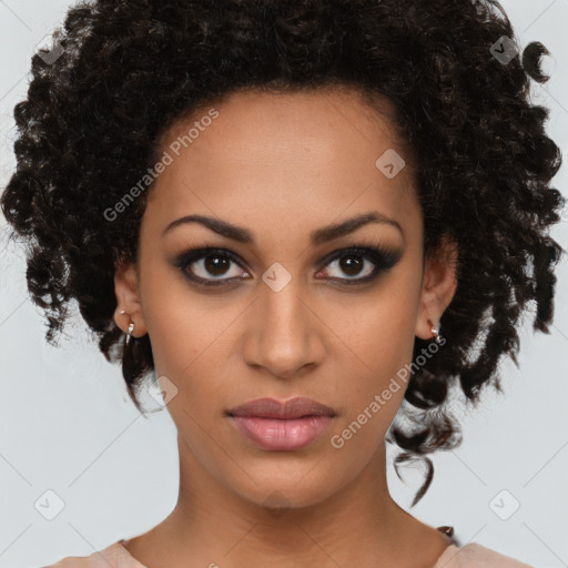 Neutral latino young-adult female with short  brown hair and brown eyes