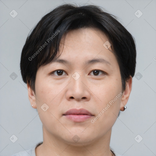 Neutral asian young-adult male with short  brown hair and brown eyes