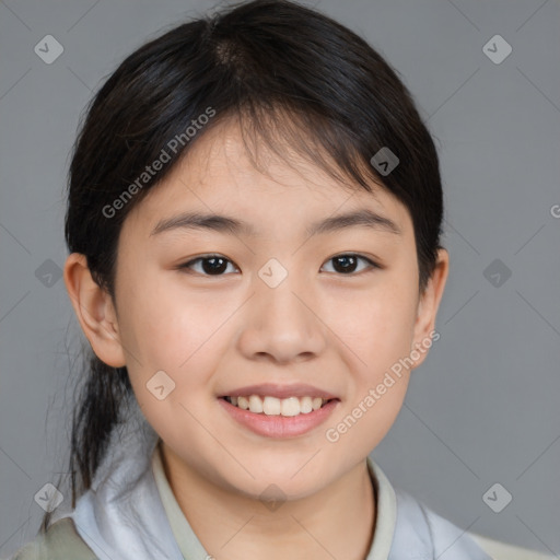 Joyful white child female with medium  brown hair and brown eyes