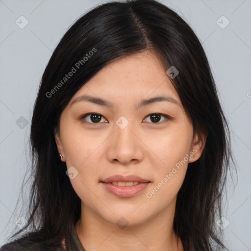 Joyful asian young-adult female with long  brown hair and brown eyes