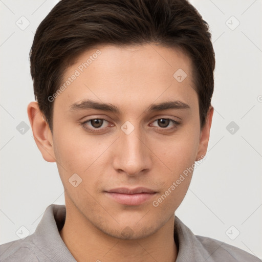 Neutral white young-adult male with short  brown hair and brown eyes