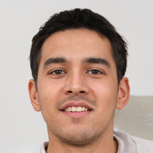 Neutral white young-adult male with short  black hair and brown eyes