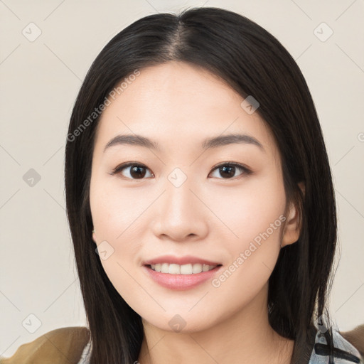 Joyful white young-adult female with long  black hair and brown eyes