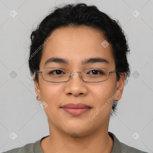 Joyful asian young-adult female with short  black hair and brown eyes