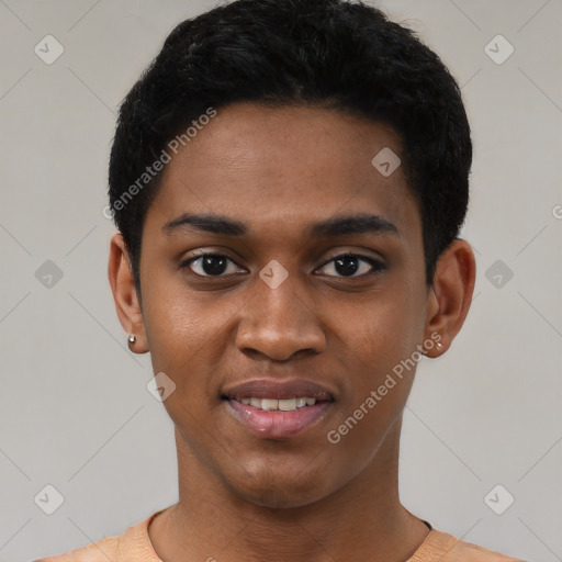 Joyful black young-adult male with short  black hair and brown eyes