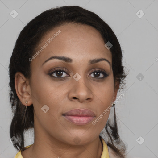 Joyful latino young-adult female with medium  brown hair and brown eyes