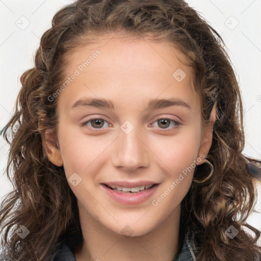 Joyful white child female with medium  brown hair and brown eyes