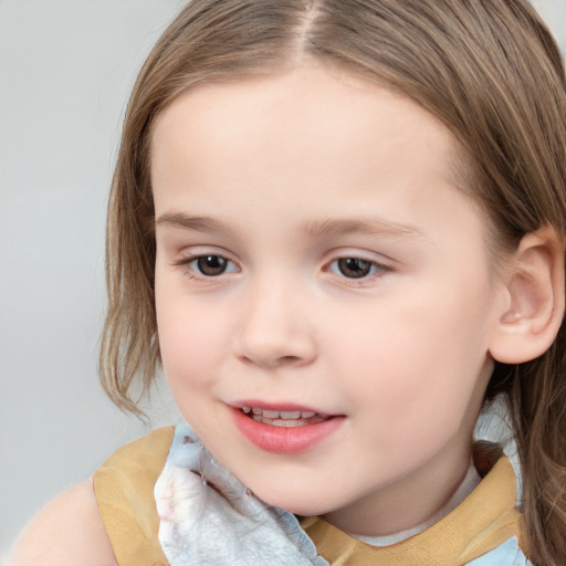 Joyful white child female with medium  brown hair and brown eyes