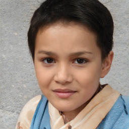 Joyful white child female with short  brown hair and brown eyes