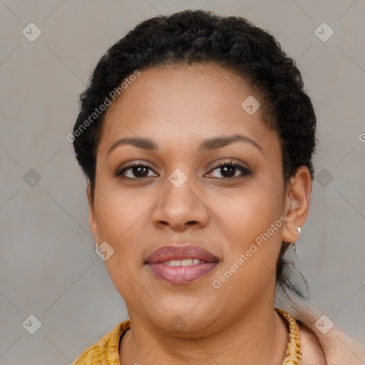 Joyful latino young-adult female with short  brown hair and brown eyes