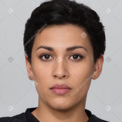 Neutral latino young-adult female with short  black hair and brown eyes