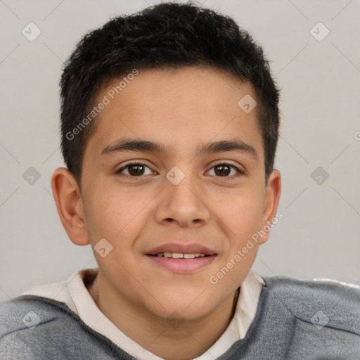 Joyful white child male with short  brown hair and brown eyes