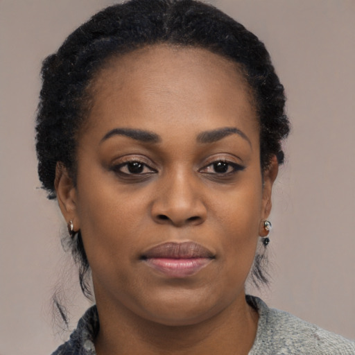 Joyful black young-adult female with medium  black hair and brown eyes