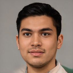 Neutral latino young-adult male with short  black hair and brown eyes