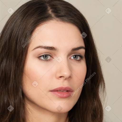 Neutral white young-adult female with long  brown hair and brown eyes