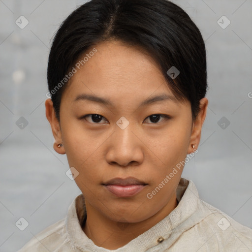 Neutral asian young-adult female with short  brown hair and brown eyes