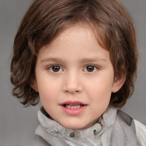 Joyful white child female with medium  brown hair and brown eyes