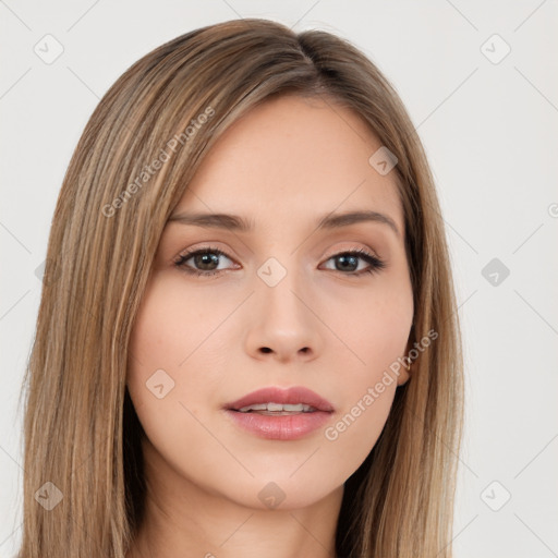 Neutral white young-adult female with long  brown hair and brown eyes