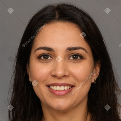 Joyful white young-adult female with long  brown hair and brown eyes