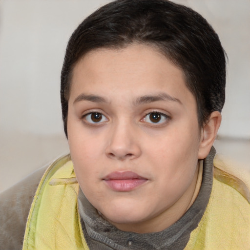 Neutral white young-adult female with short  brown hair and brown eyes