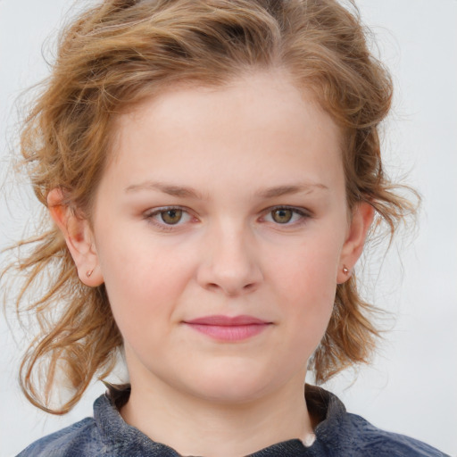 Joyful white child female with medium  brown hair and blue eyes