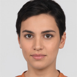 Neutral white young-adult female with short  black hair and brown eyes