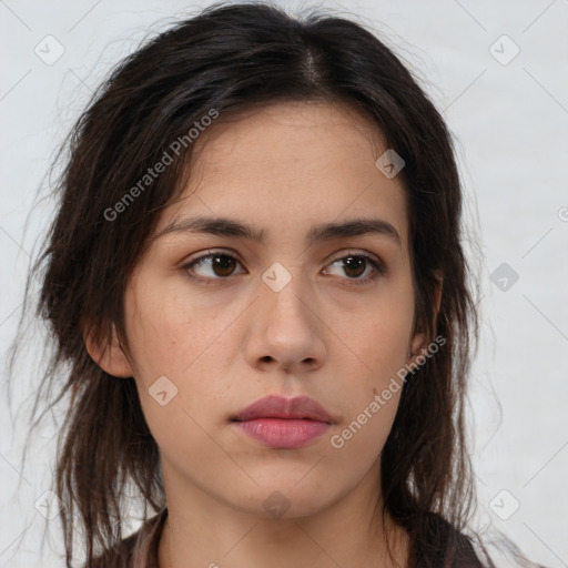 Neutral white young-adult female with long  brown hair and brown eyes