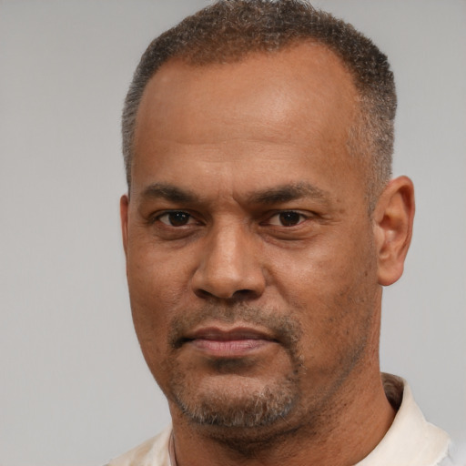 Neutral black adult male with short  brown hair and brown eyes