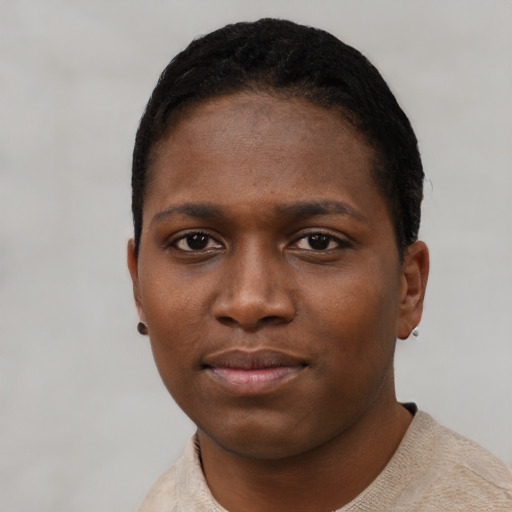 Neutral black young-adult female with short  black hair and brown eyes