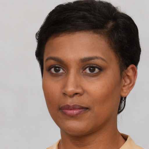 Neutral black young-adult female with short  brown hair and brown eyes