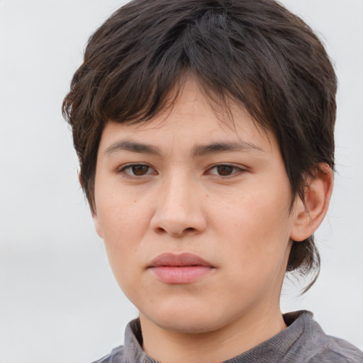 Neutral white young-adult female with medium  brown hair and brown eyes