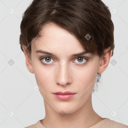 Neutral white young-adult female with short  brown hair and brown eyes