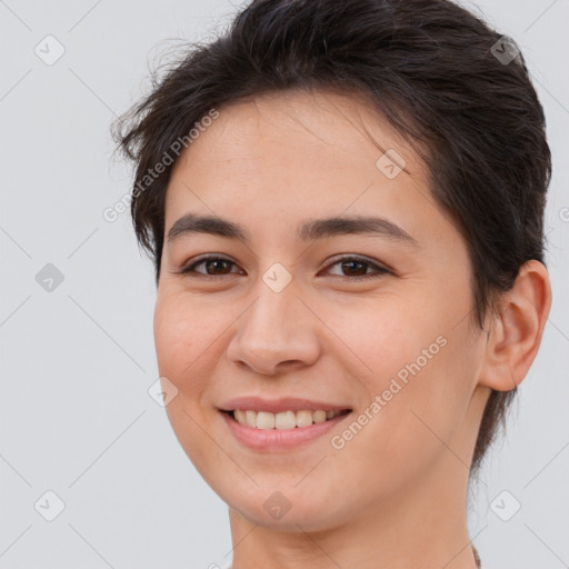 Joyful white young-adult female with medium  brown hair and brown eyes