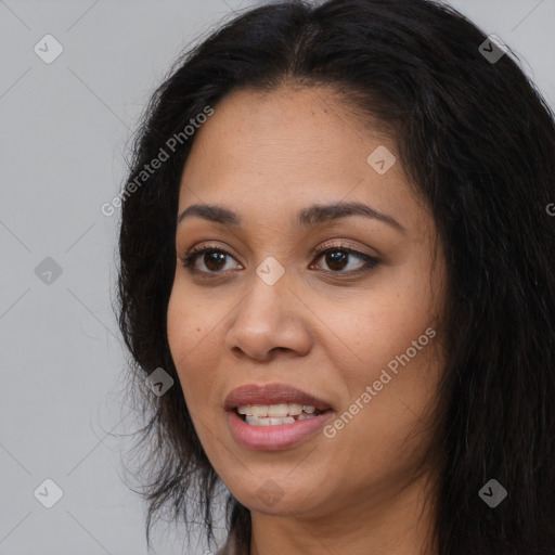 Joyful asian young-adult female with long  black hair and brown eyes