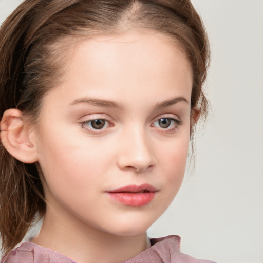 Neutral white child female with medium  brown hair and grey eyes