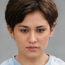 Neutral white young-adult female with short  brown hair and brown eyes