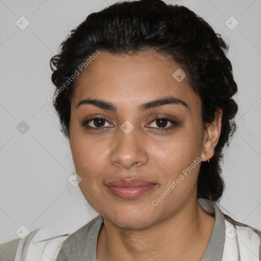 Joyful latino young-adult female with short  black hair and brown eyes