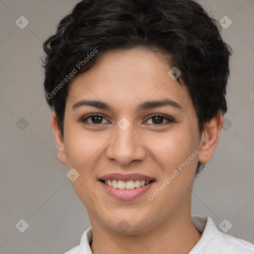 Joyful white young-adult female with short  brown hair and brown eyes