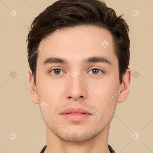 Neutral white young-adult male with short  brown hair and brown eyes