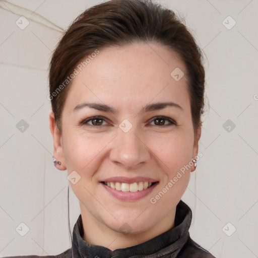 Joyful white young-adult female with short  brown hair and brown eyes