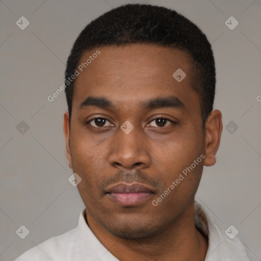 Neutral black young-adult male with short  black hair and brown eyes