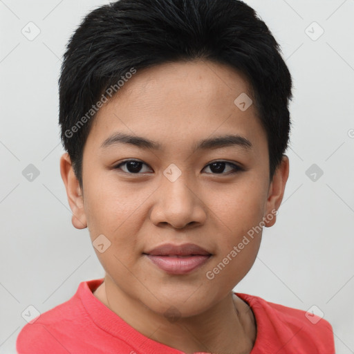 Joyful latino young-adult female with short  brown hair and brown eyes